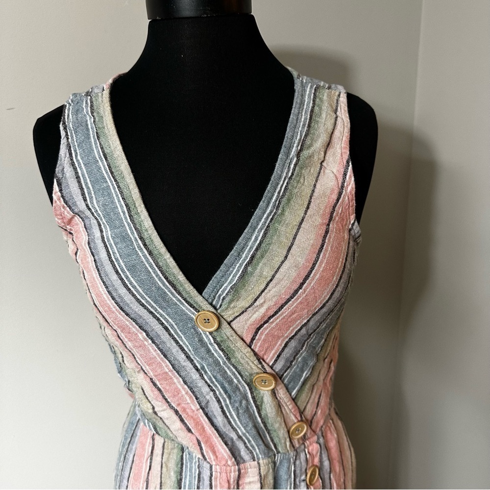 Indigo Rein Pastel Linen Blend Striped Button V Neck Midi Dress in Size Medium - Picture 2 of 6